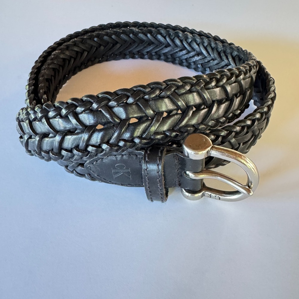 Calvin Klein Men's Black Braided Leather Belt, Size 42, Silvertone Brass Buckle